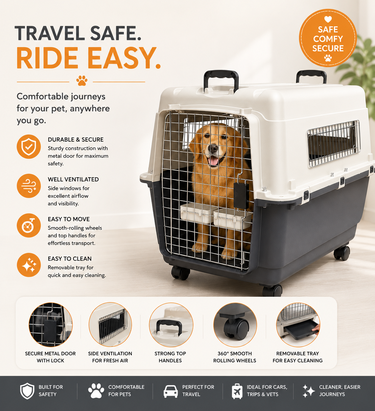 Travel Dog Kennel-Durable Plastic Airline Pet Carrier W/ Removable Wheels & Food Bowls