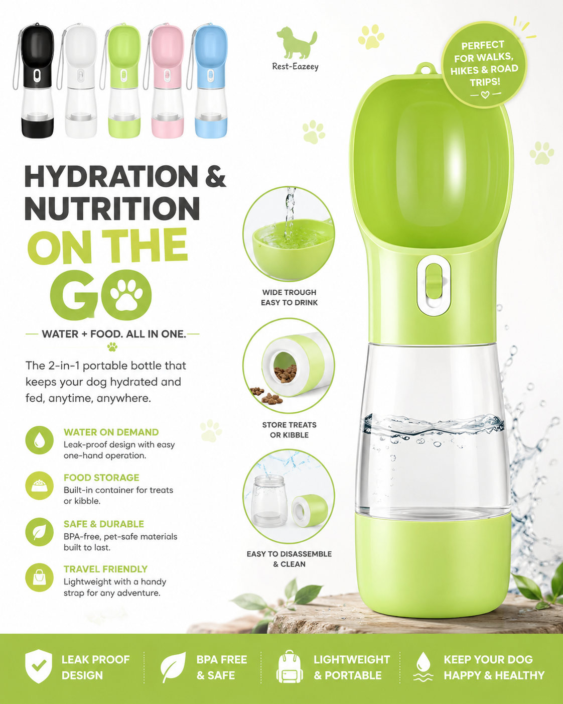 Portable Dog Water Bottle - with Bowl & Food Container